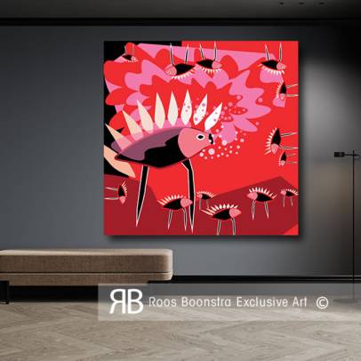 Thumbnail Kleurrijk abstract schilderij met surrealistisch dier, grafische lijnen, bellen en krachtige rode achtergrond, fineart kwaliteit.